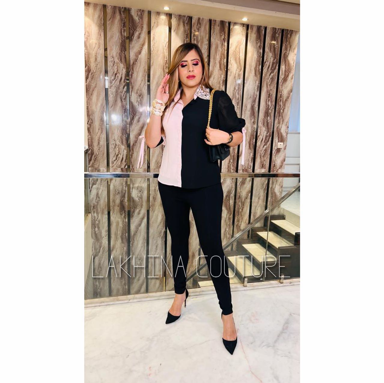Black & Pink Emboirdered Collar Shirt