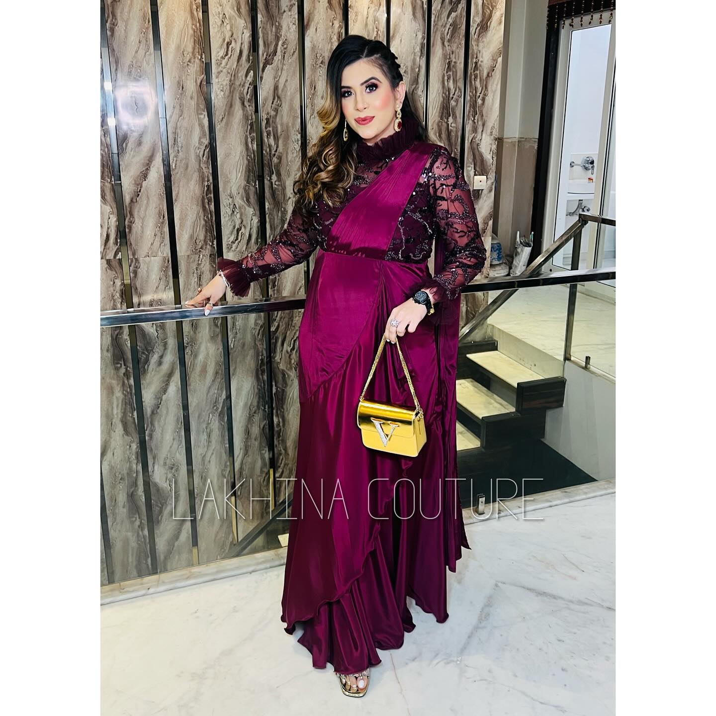 Wine Sequin Drape Saree