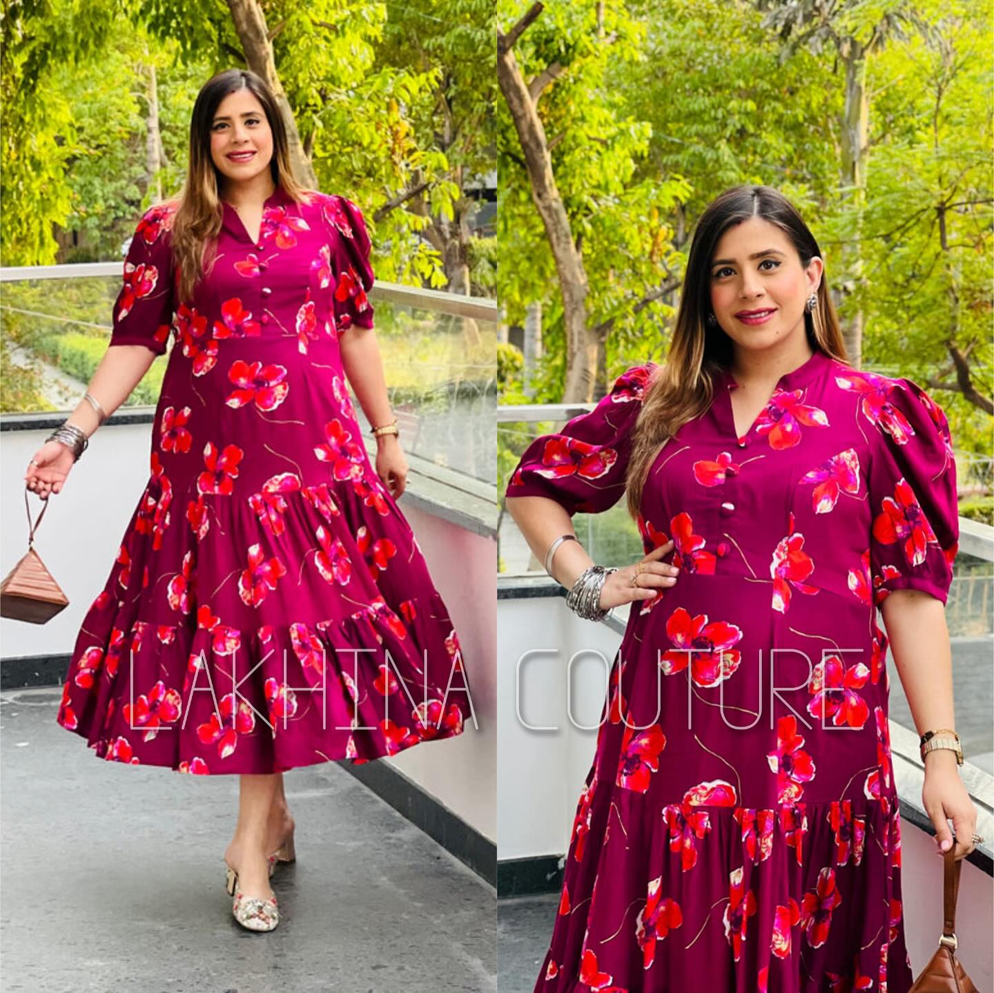 Wine Floral Midi Dress