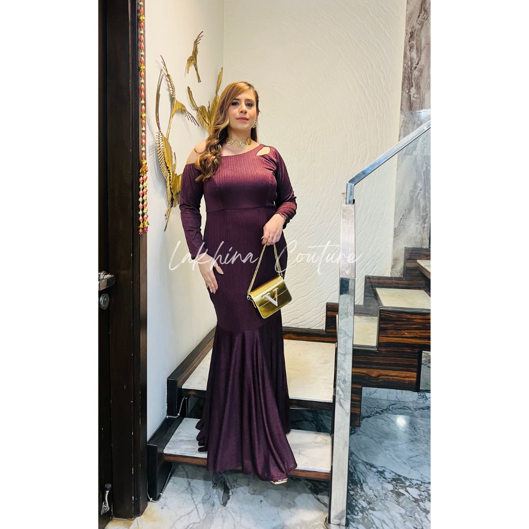 Wine Shimmer Lycra Fish Cut Gown