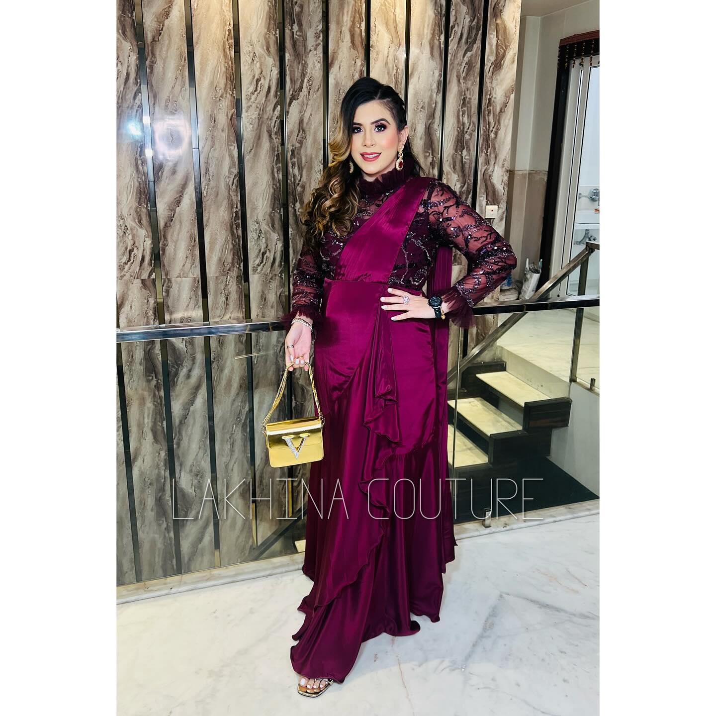 Wine Sequin Drape Saree
