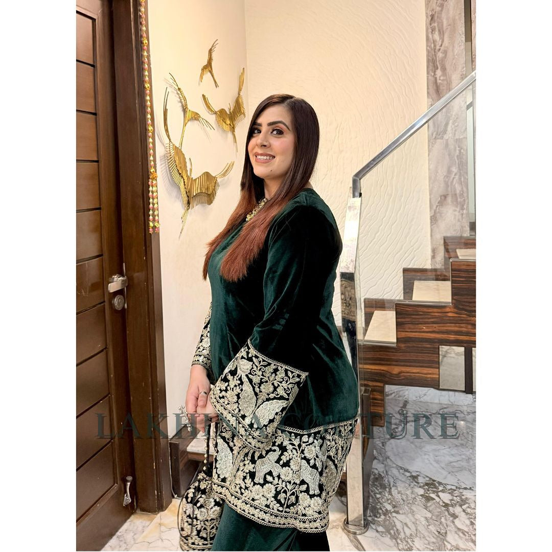 Green Bird Velvet Co-Ord with Potli Bag