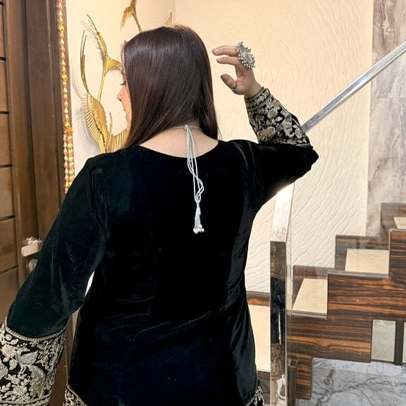 Black Bird Velvet Co-Ord with Potli Bag