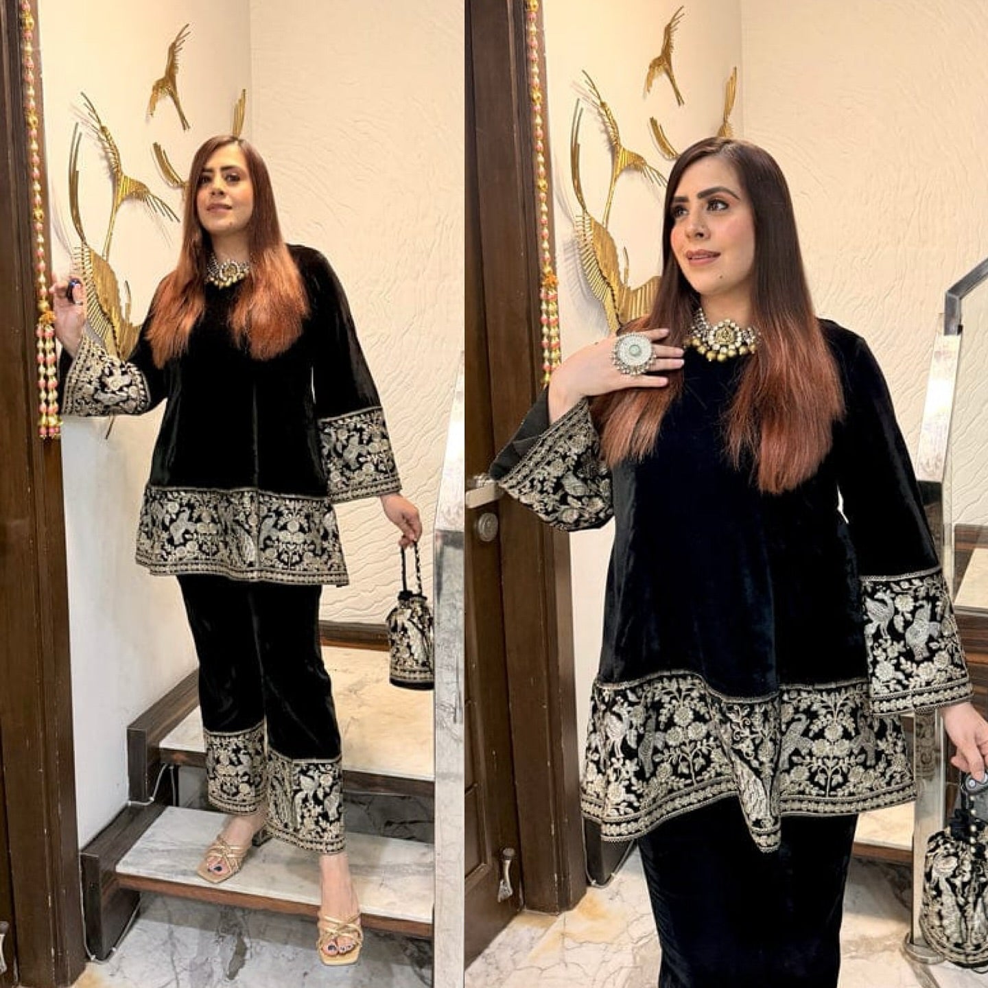Black Bird Velvet Co-Ord with Potli Bag