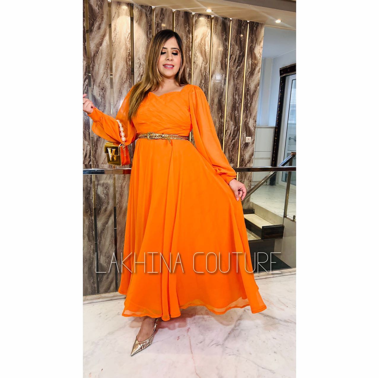 Orange Pleated Stunning Gown