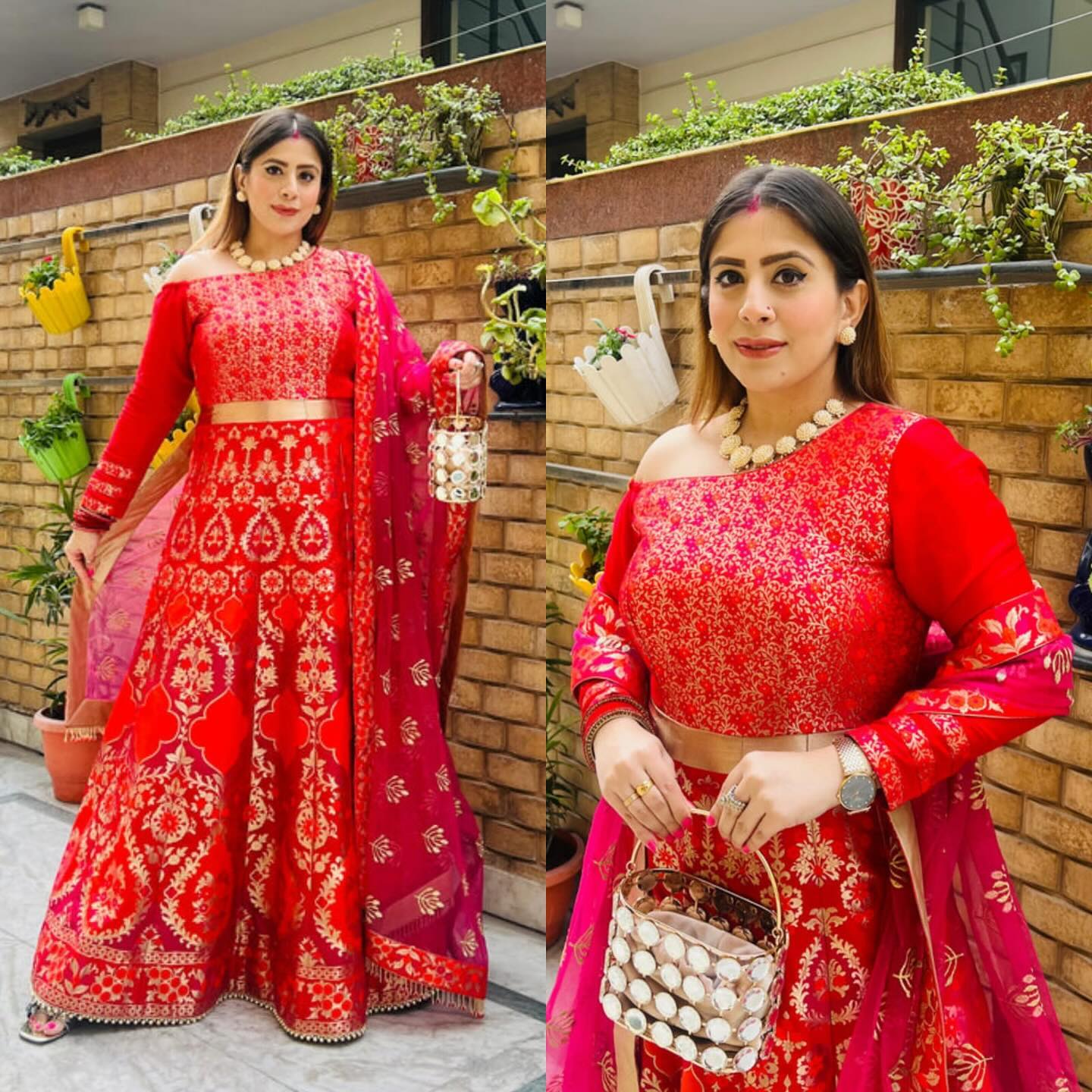 Red & Pink Banarasi Anarkali