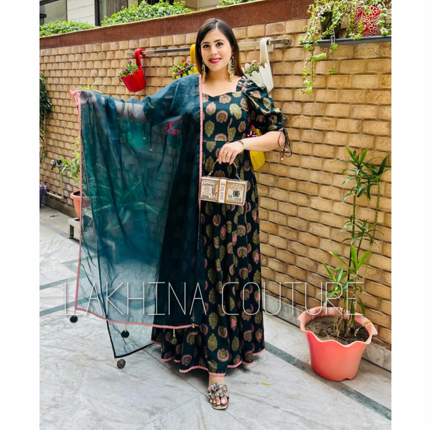 Bottle Green Foil Anarkali