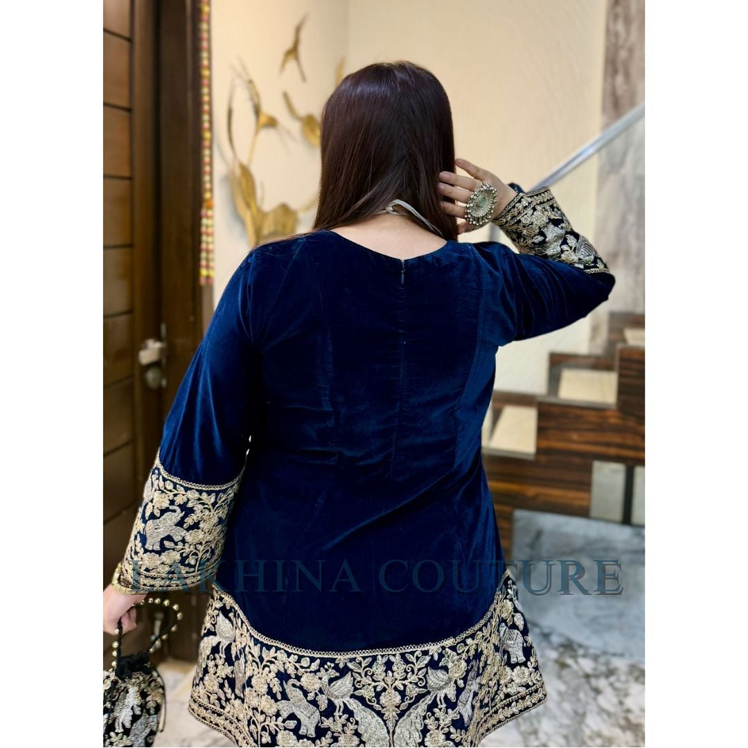 Navy Blue Bird Velvet Co-Ord with Potli Bag