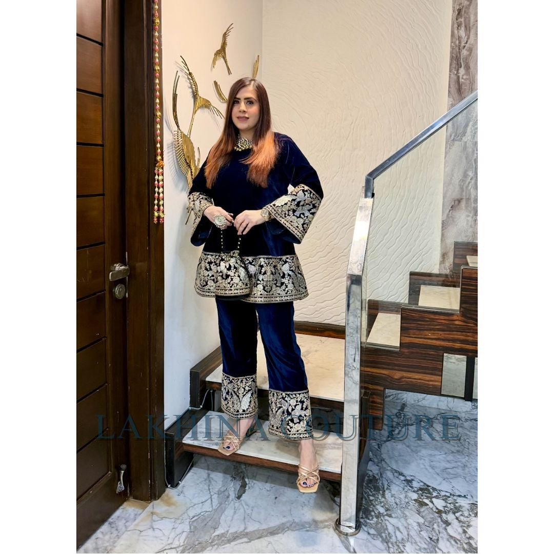 Navy Blue Bird Velvet Co-Ord with Potli Bag