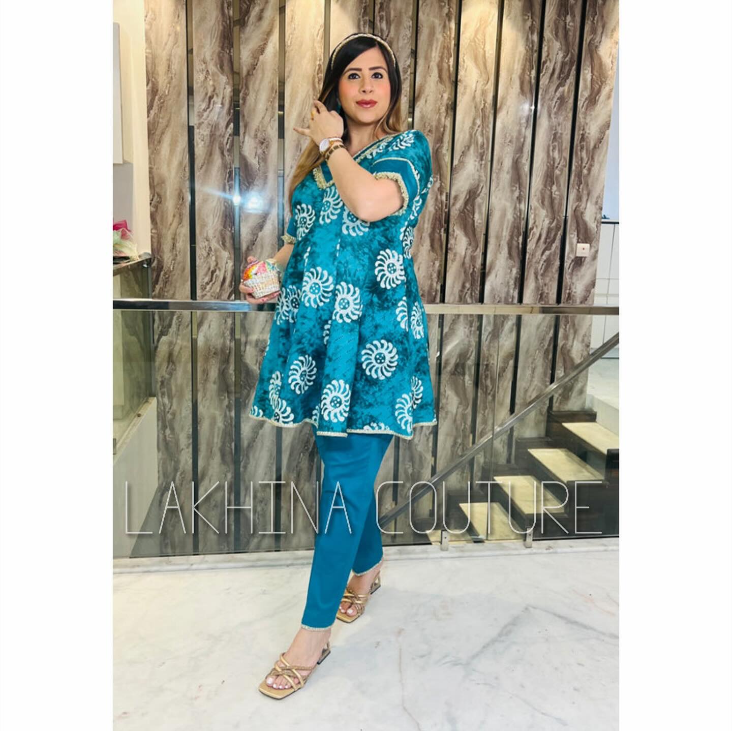 Teal Cotton Batik Dhoti Suit