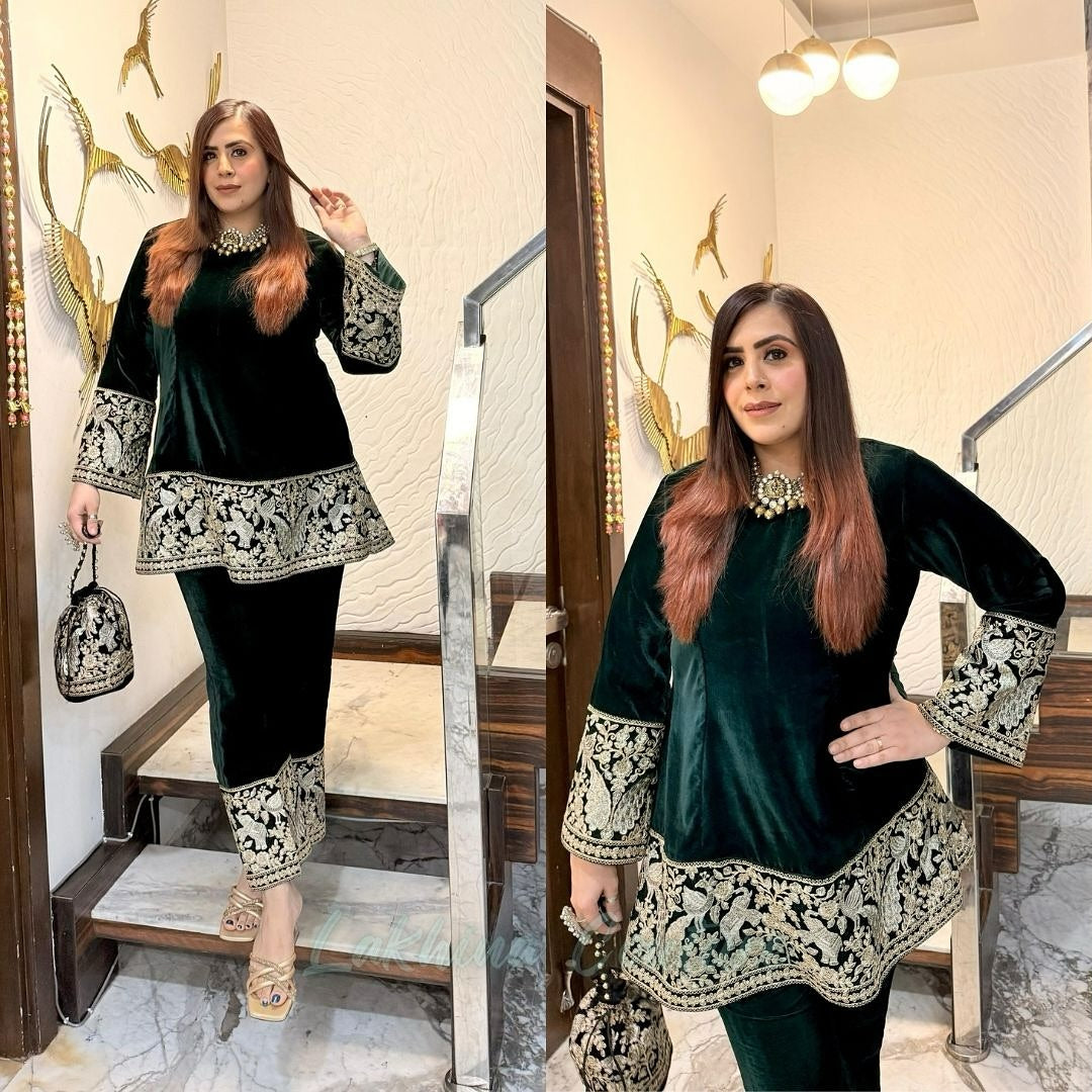 Green Bird Velvet Co-Ord with Potli Bag
