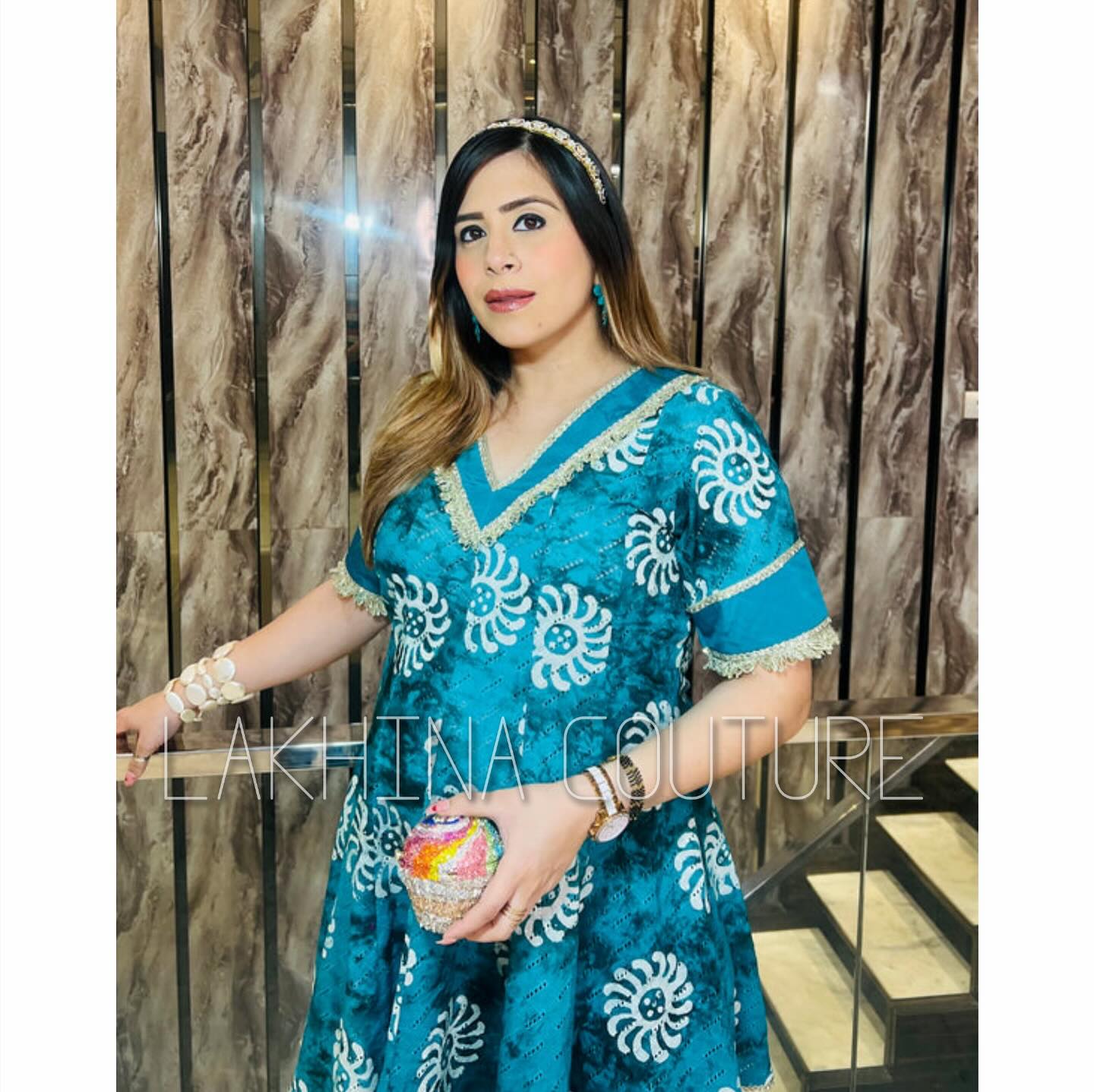 Teal Cotton Batik Dhoti Suit