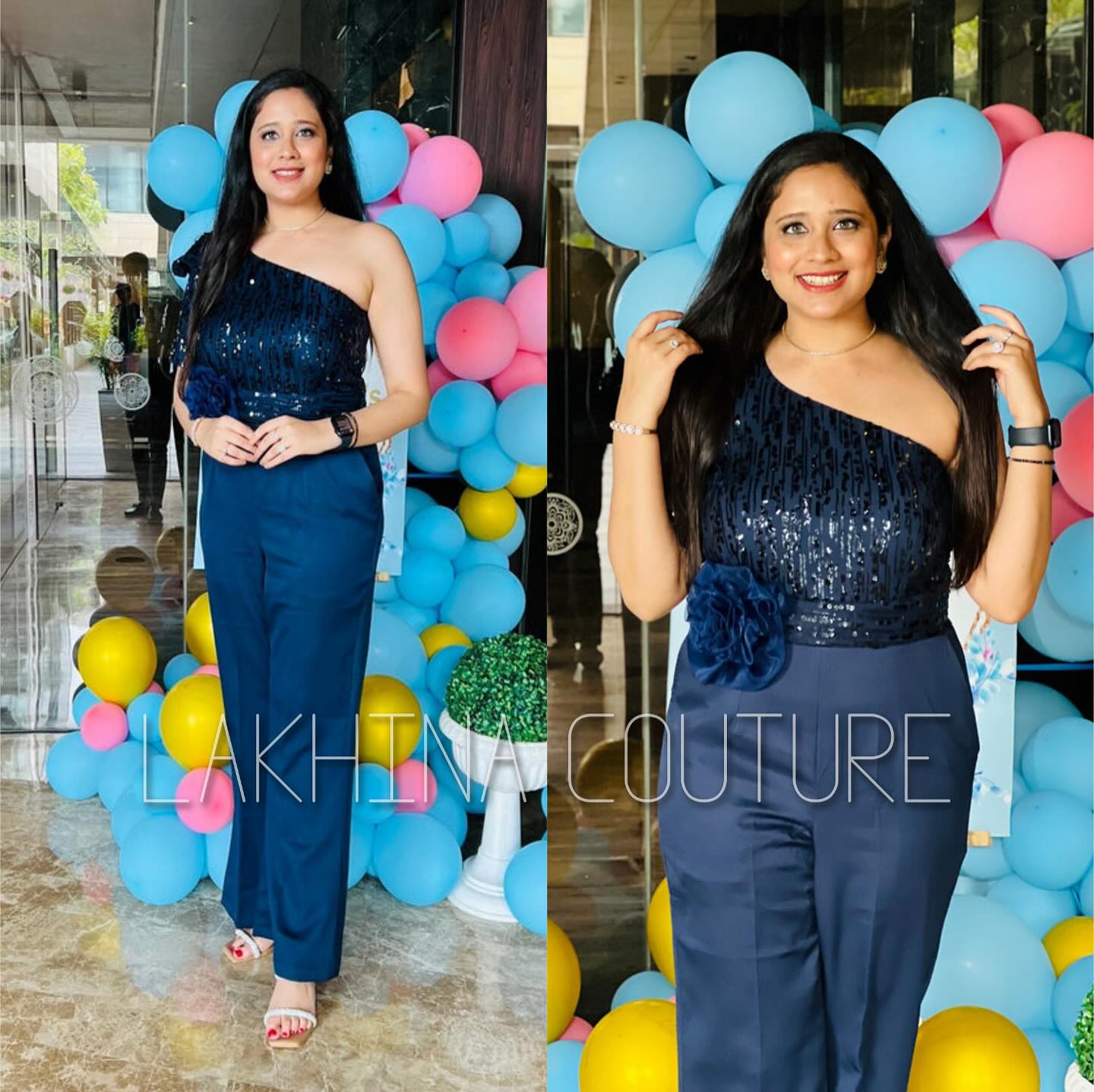 Navy Blue Sequin Jumpsuit with Flower Belt