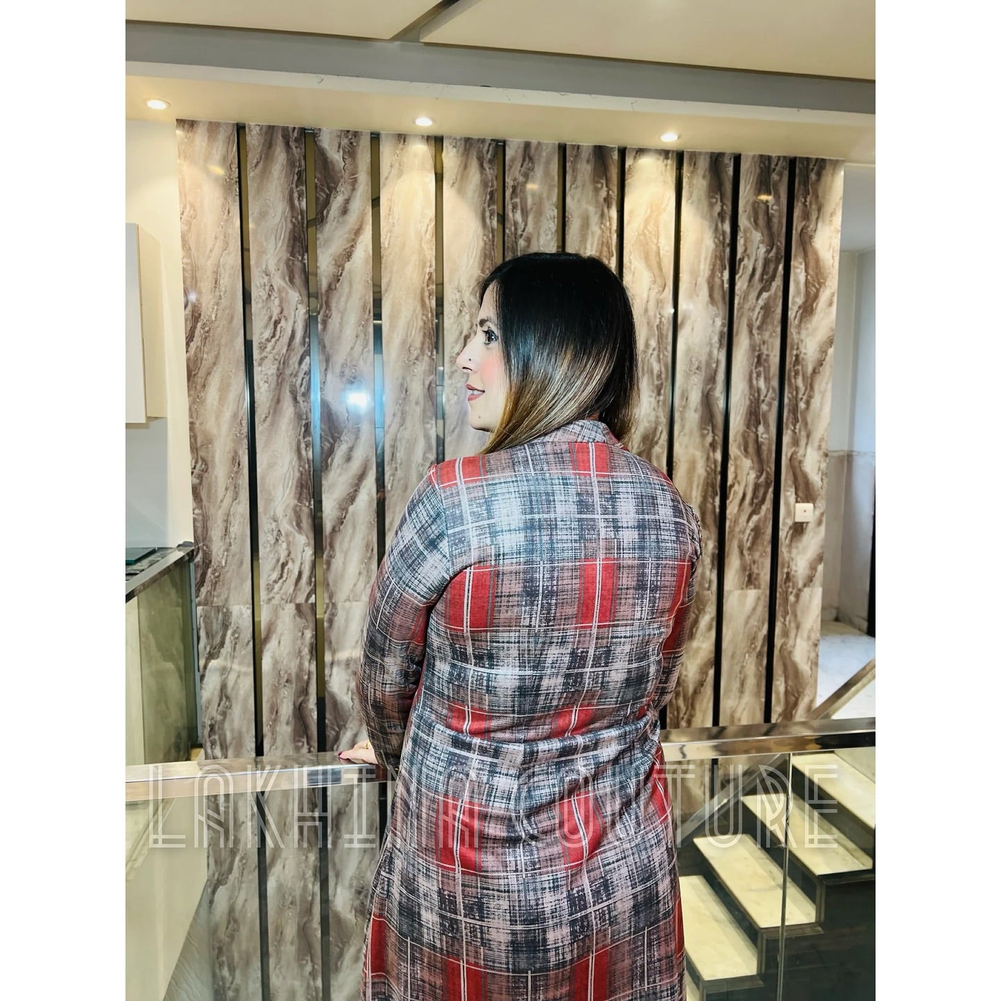 Red Checks Suede Midi Dress
