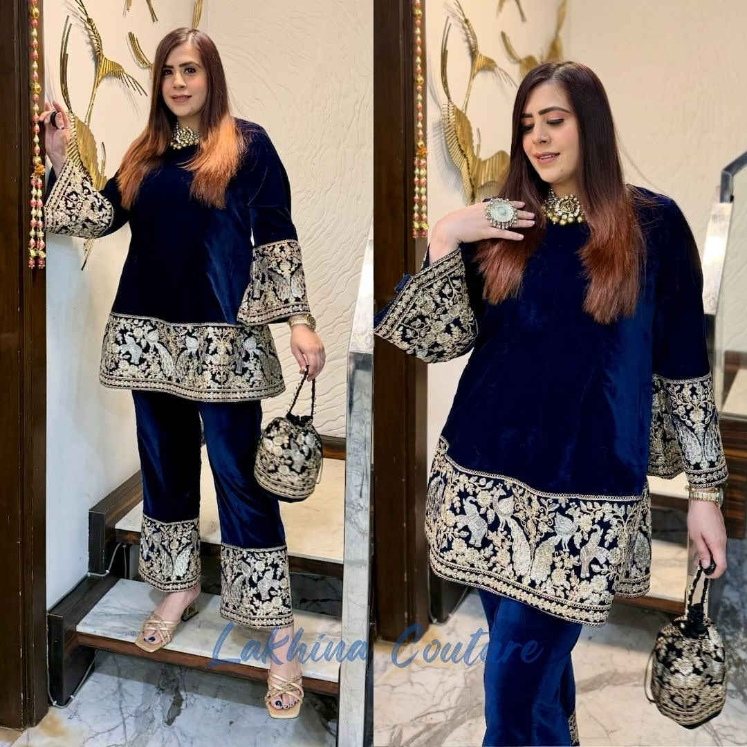 Navy Blue Bird Velvet Co-Ord with Potli Bag