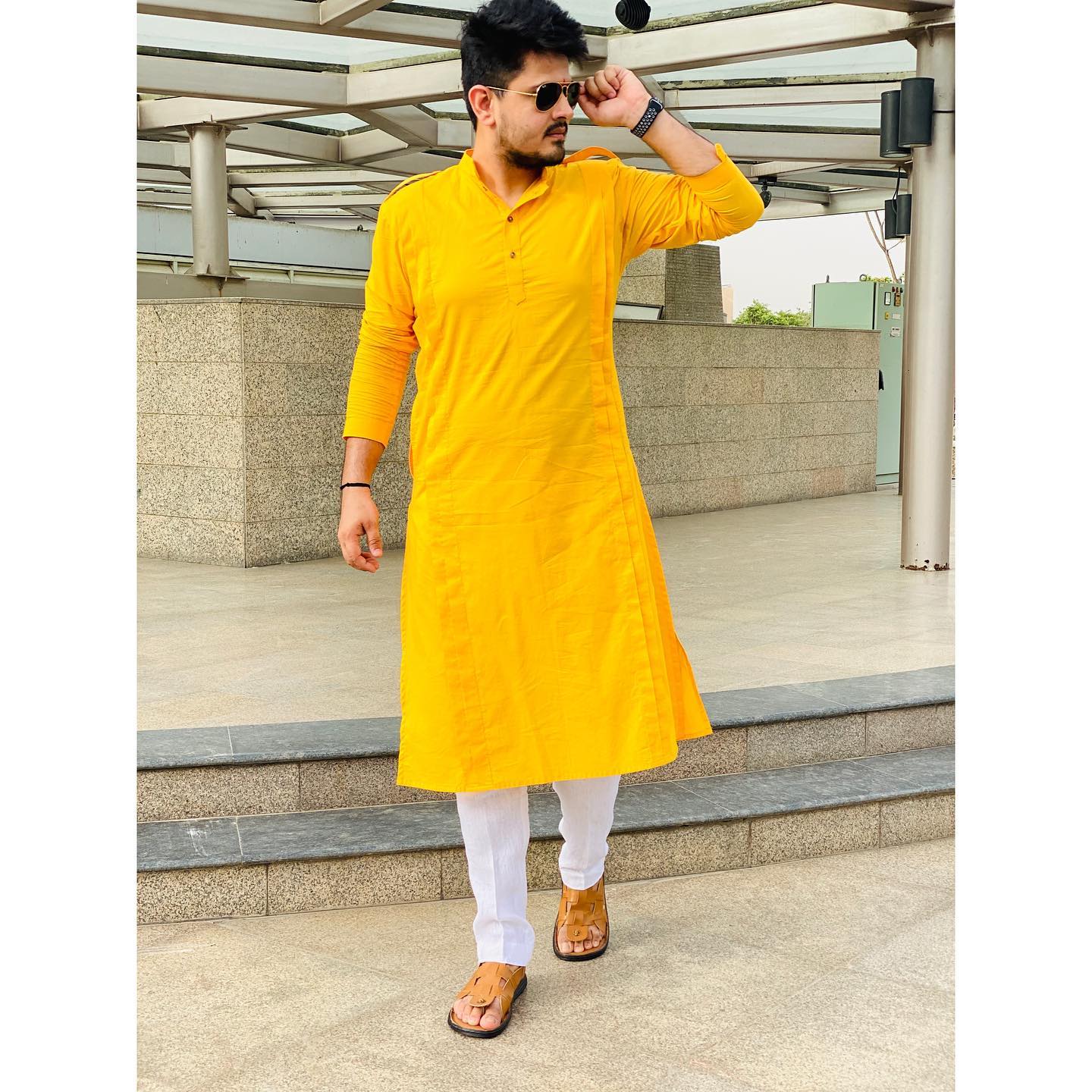 Menswear Sunshine Yellow Pathani Kurta with Pants