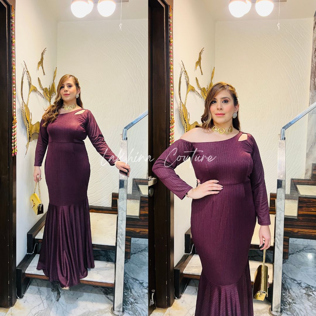 Wine Shimmer Lycra Fish Cut Gown