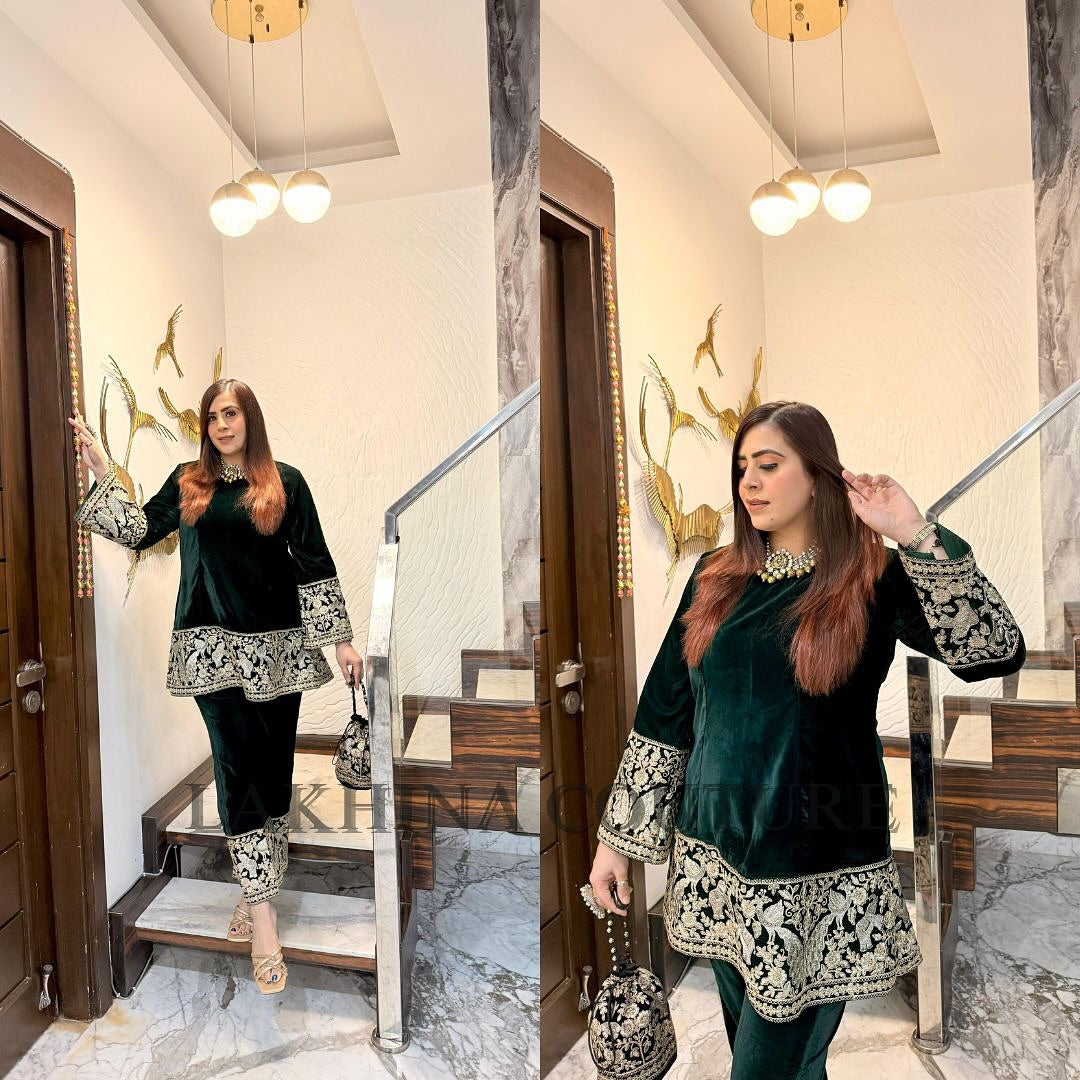 Green Bird Velvet Co-Ord with Potli Bag