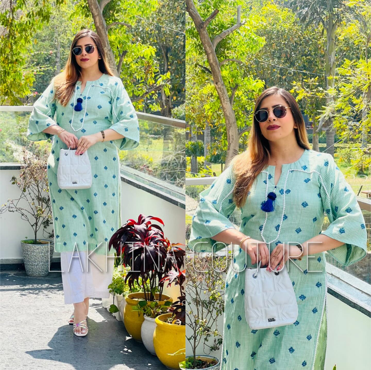 Green Embroidered Stripes Cotton Kurti