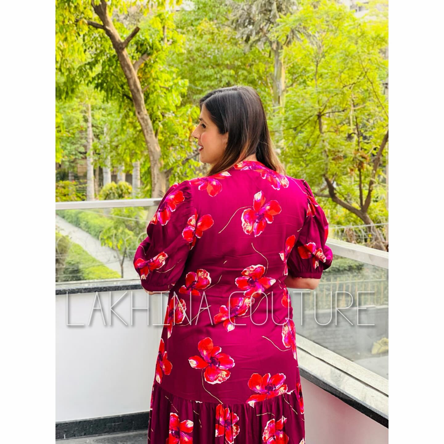 Wine Floral Midi Dress