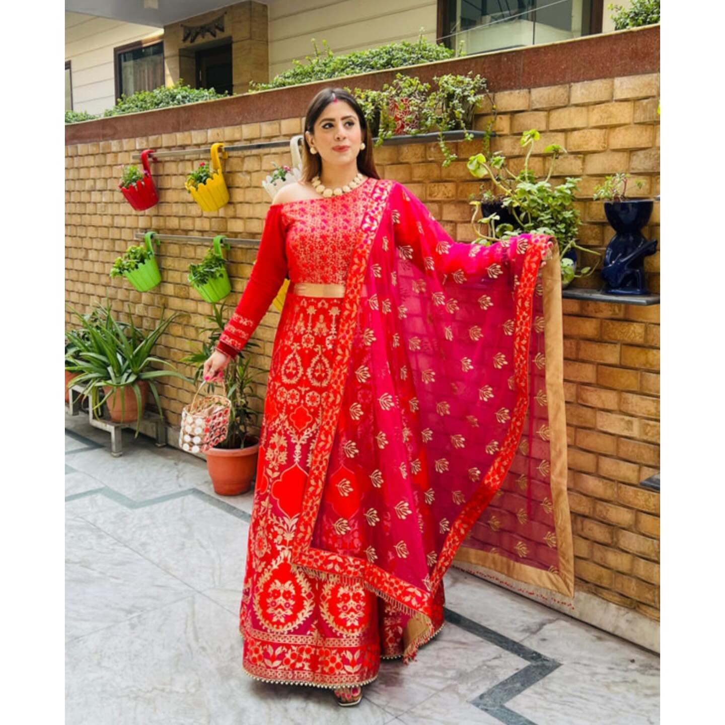 Red & Pink Banarasi Anarkali