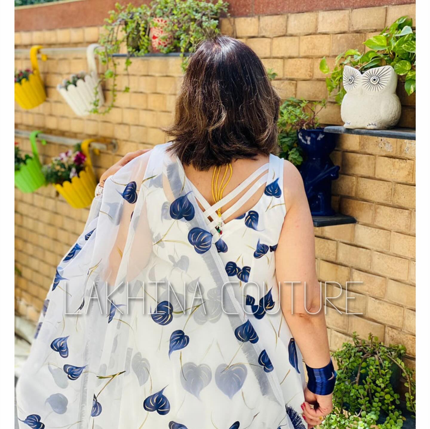 Blue White Leaf Handpainted Anarkali
