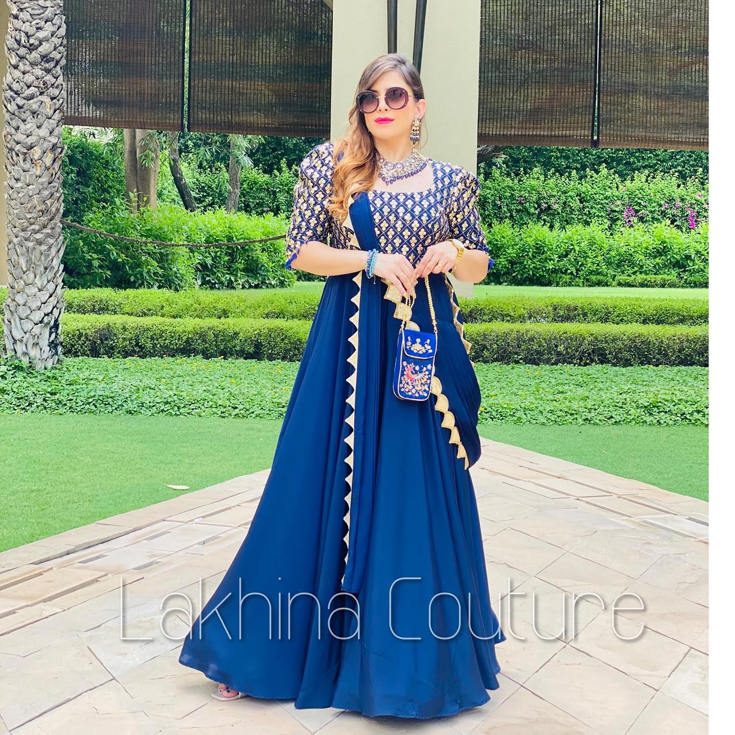Navy Blue Drape Gown With Belt – Lakhina Couture