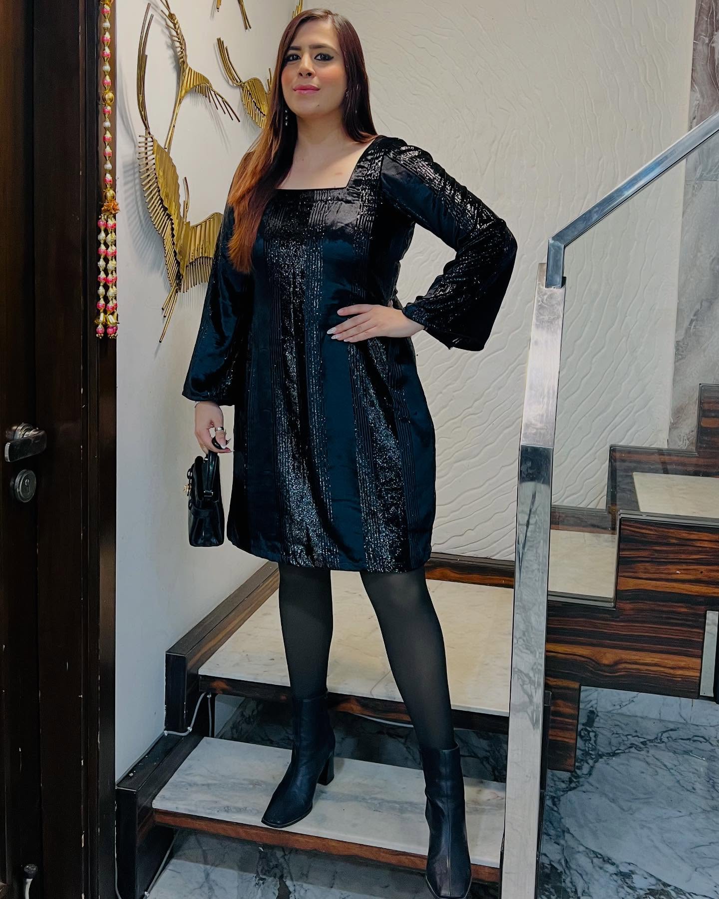 Black Foil Velvet Dress