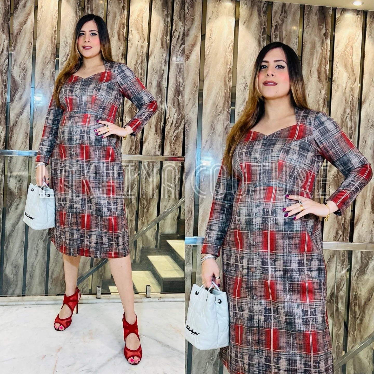 Red Checks Suede Midi Dress