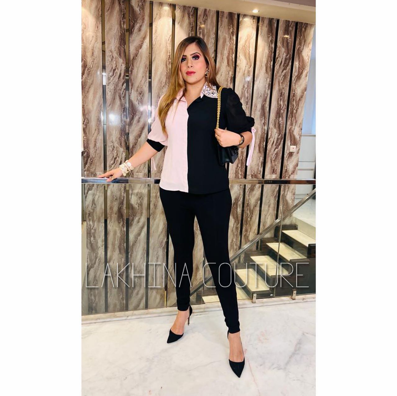 Black & Pink Emboirdered Collar Shirt