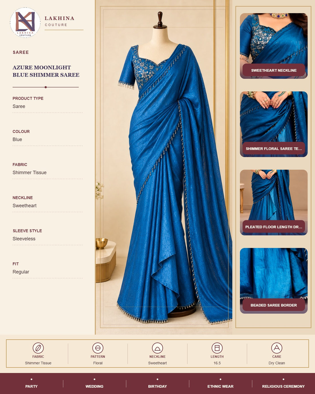 Azure Moonlight Blue Shimmer Saree