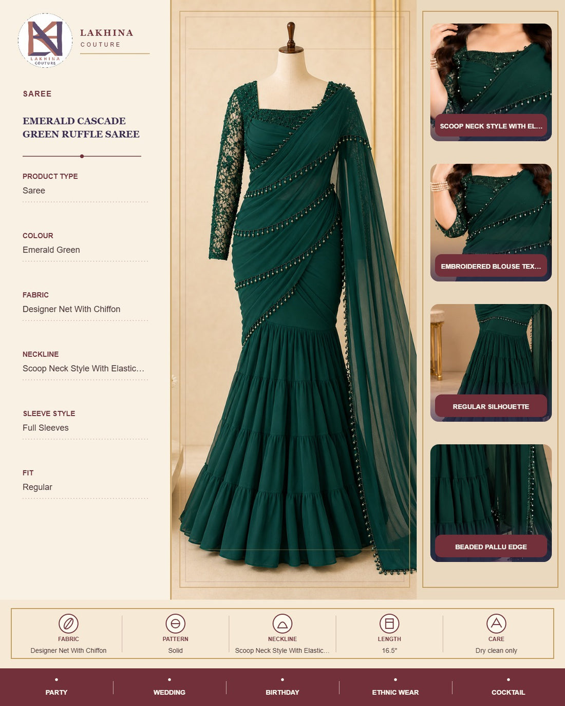 Emerald Cascade Green Ruffle Saree