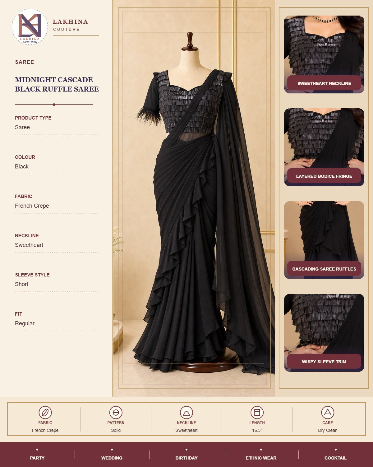 Midnight Cascade Black Ruffle Saree