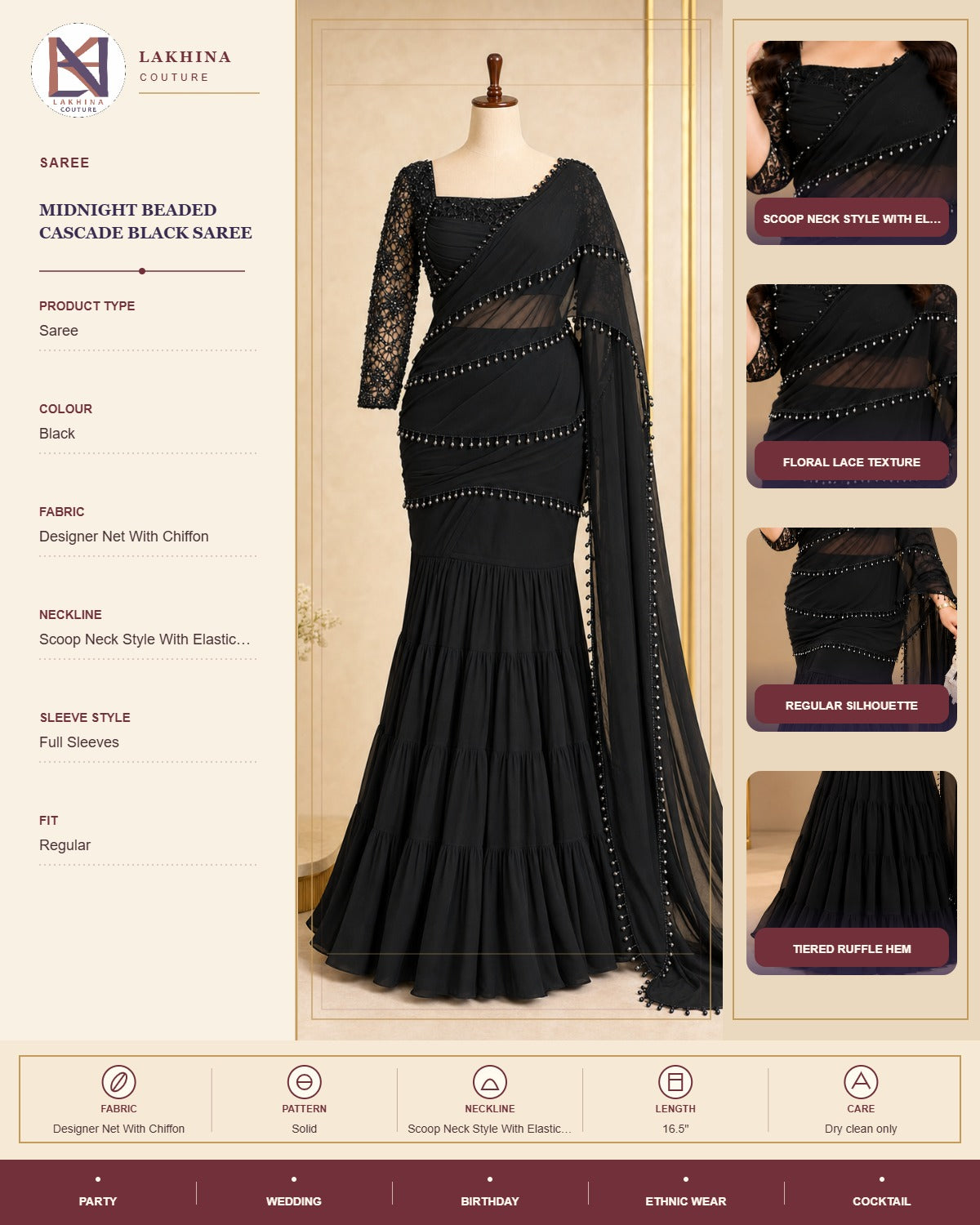Midnight Beaded Cascade Black Saree