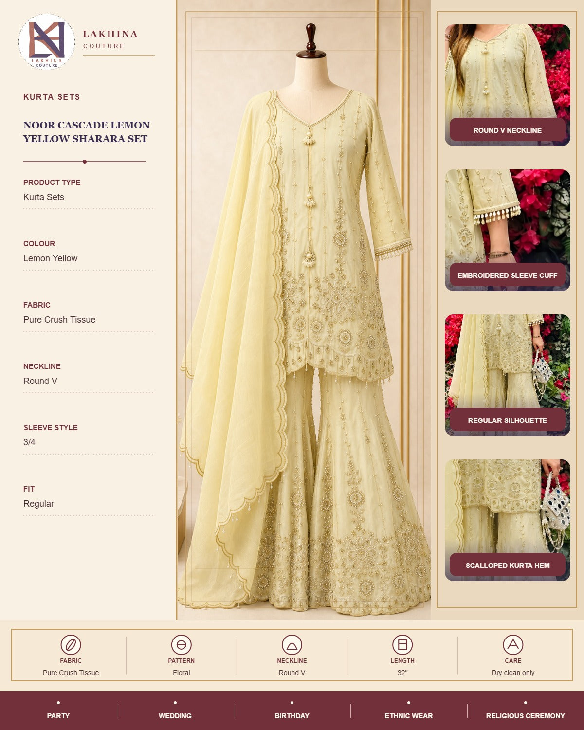 Noor Cascade Lemon Yellow Sharara Set