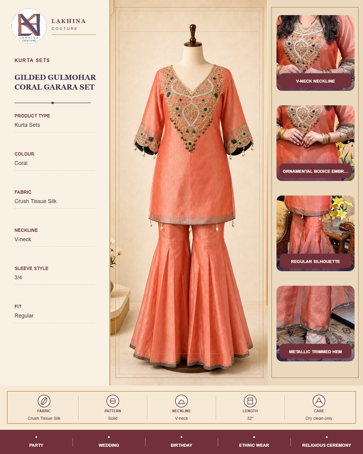 Gilded Gulmohar Coral Garara Set