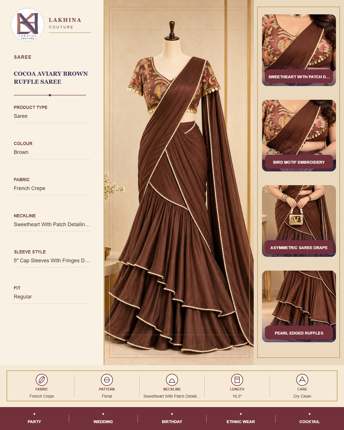 Cocoa Aviary Brown Ruffle Saree