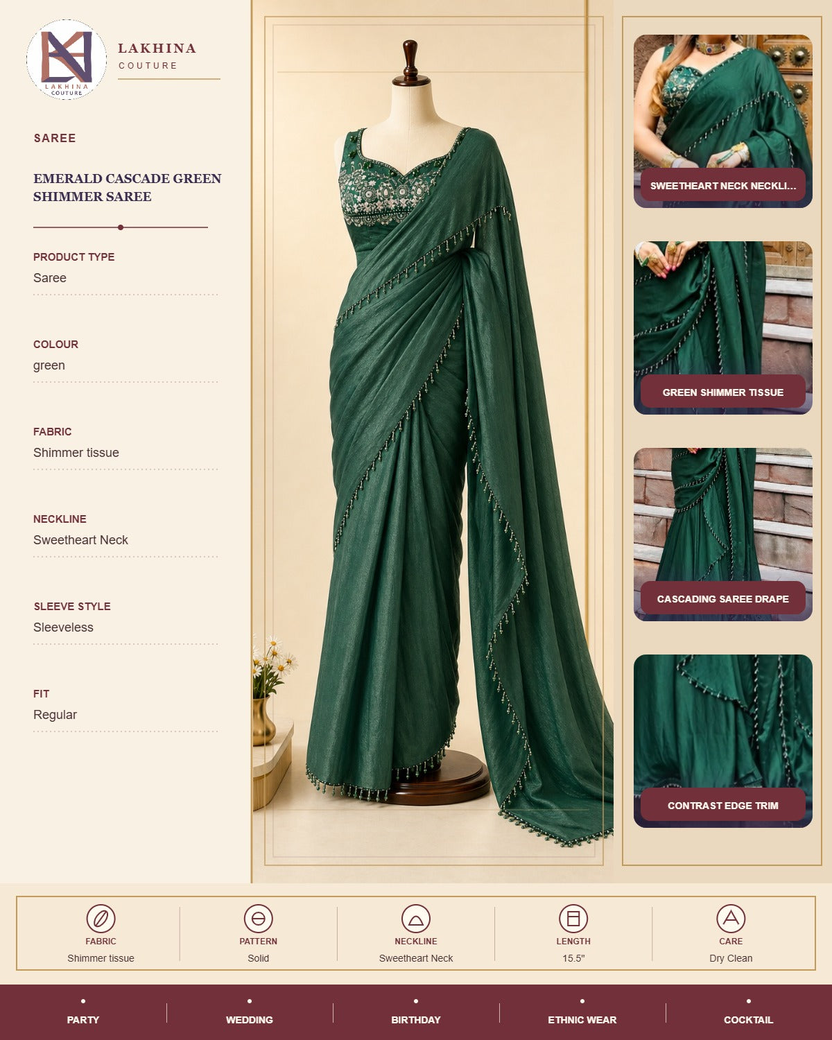 Emerald Cascade Green Shimmer Saree
