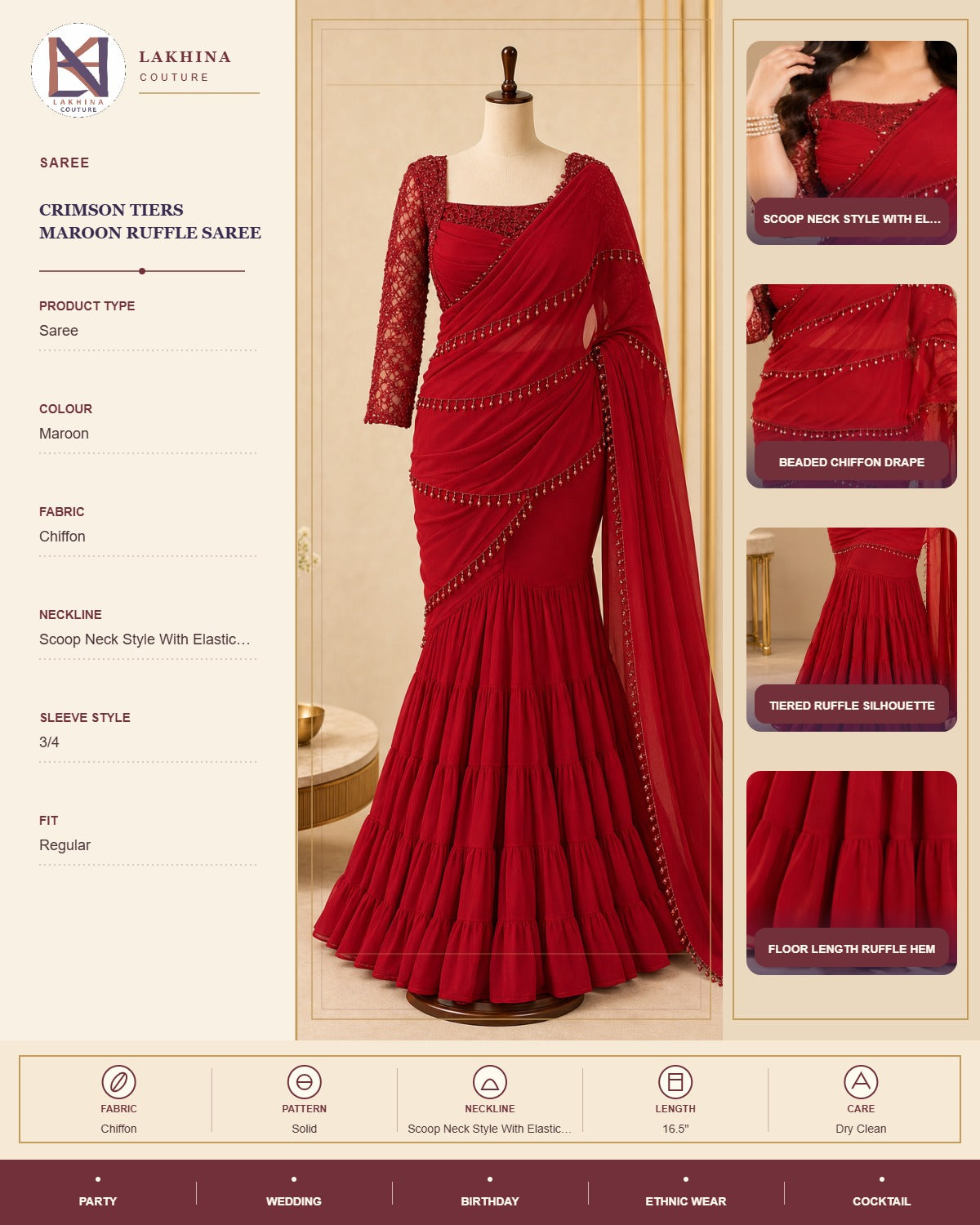 Crimson Tiers Maroon Ruffle Saree