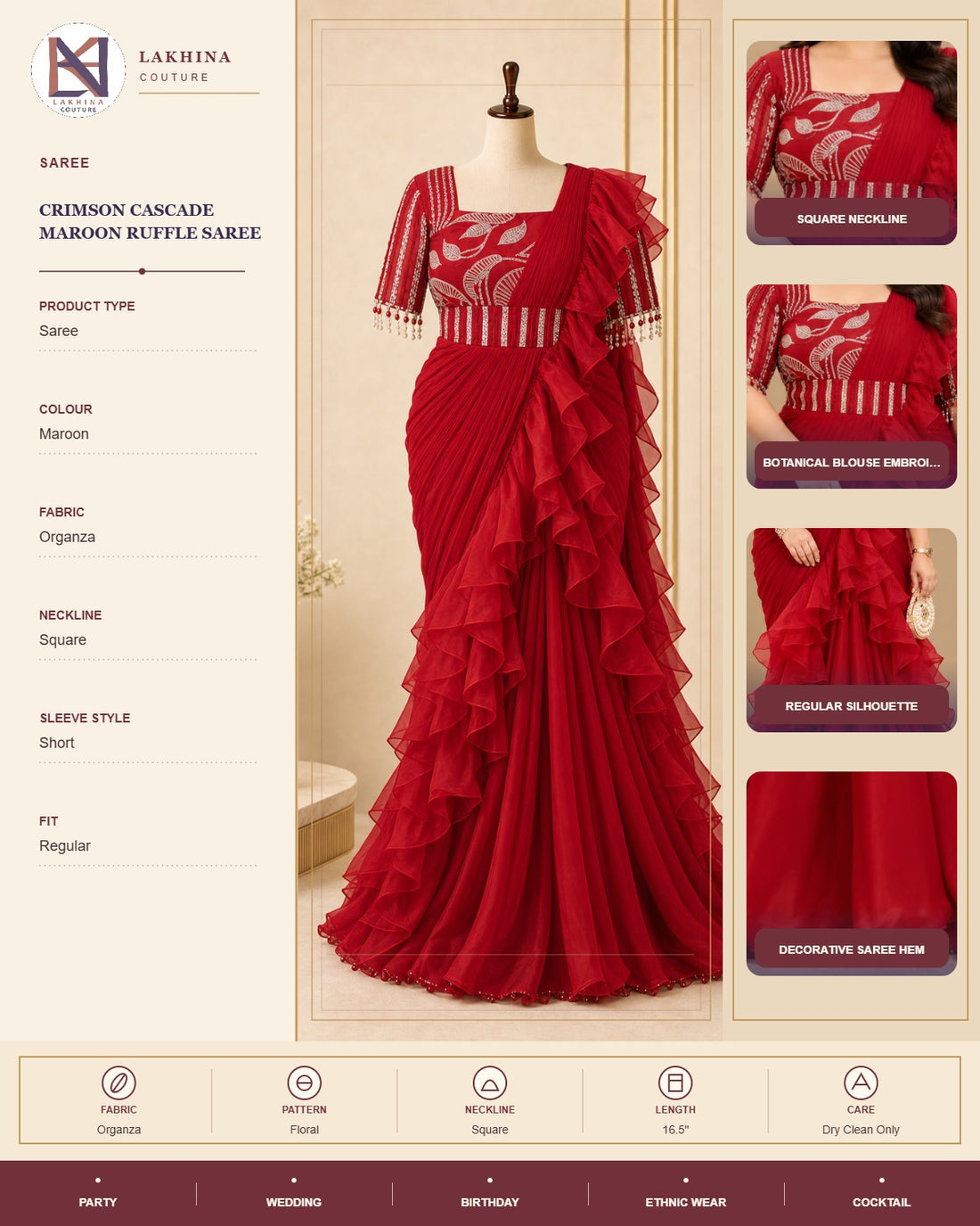 Crimson Cascade Maroon Ruffle Saree