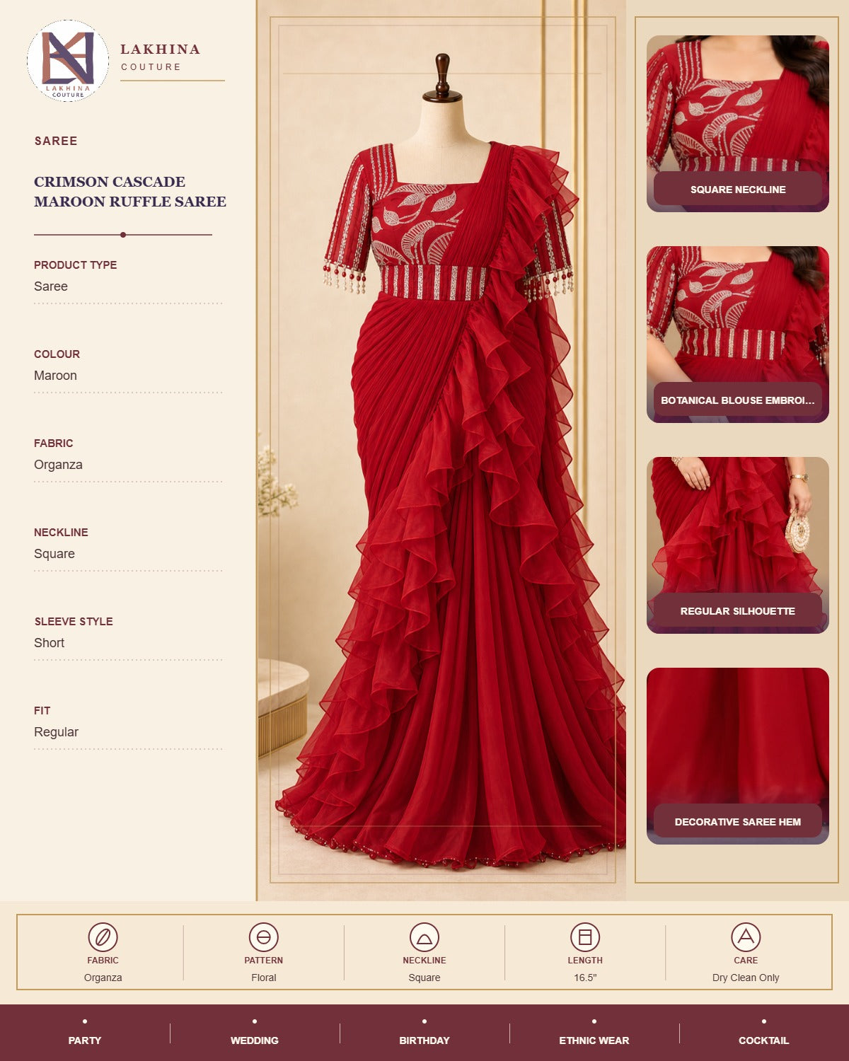 Crimson Cascade Maroon Ruffle Saree