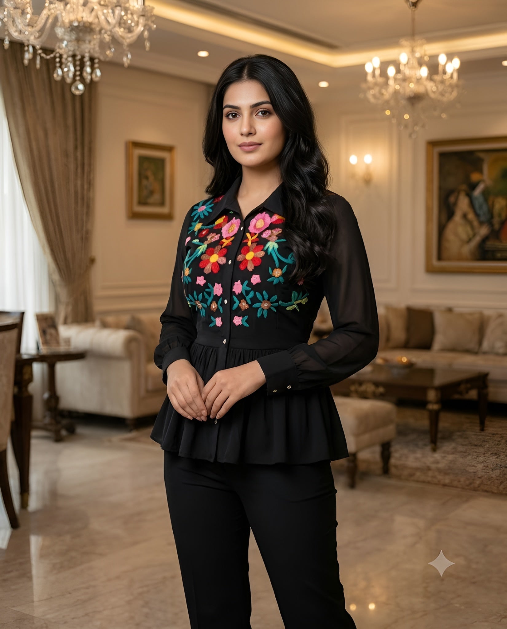 Black Floral Embroidered Shirt