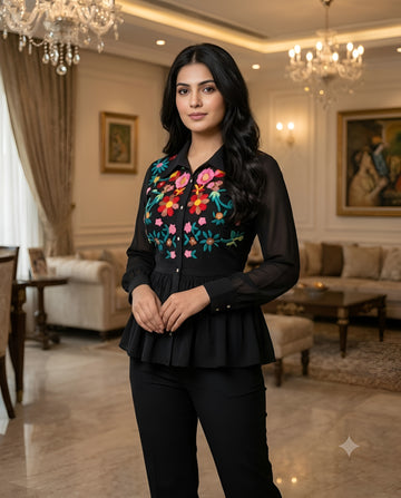 Black Floral Embroidered Shirt