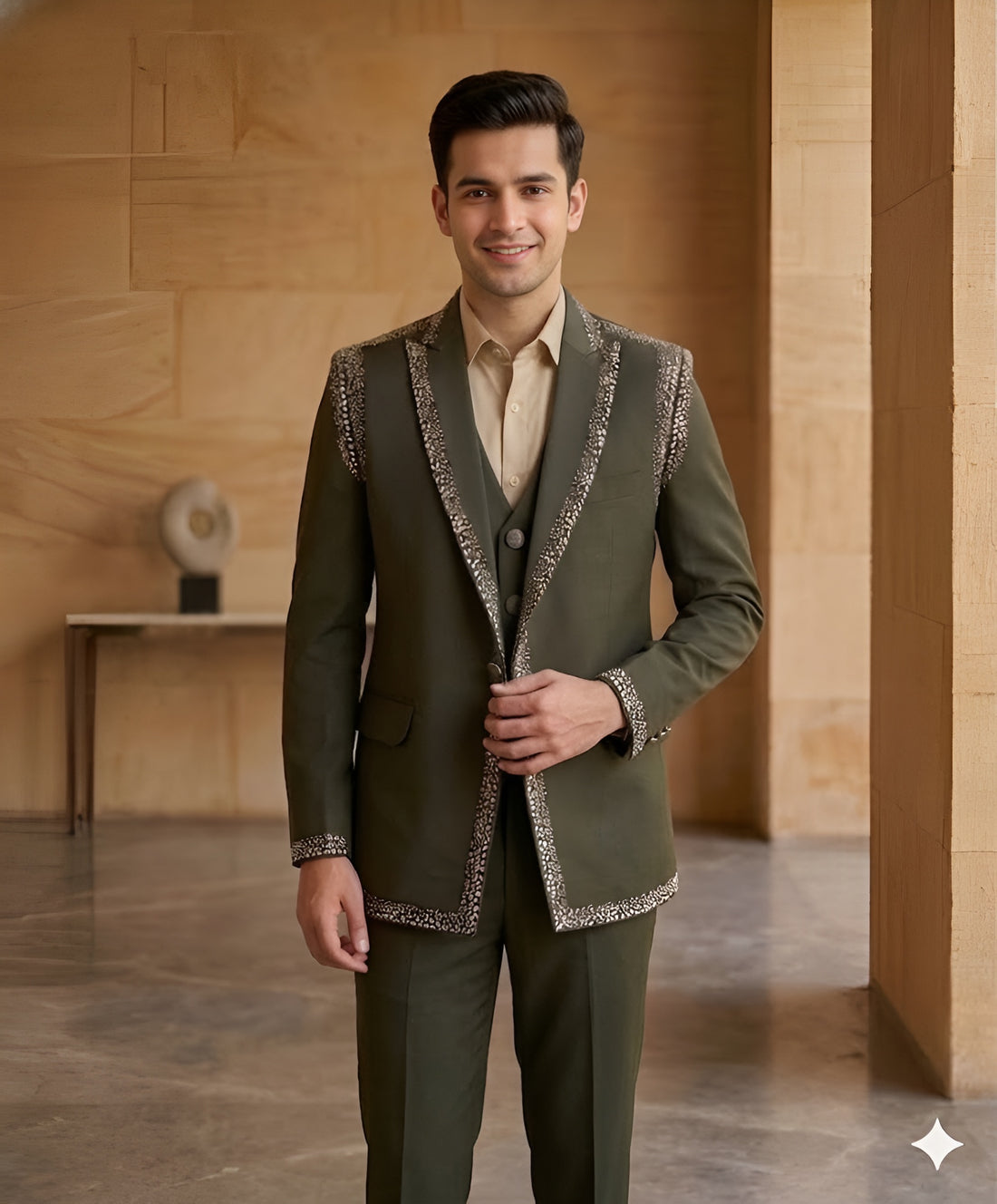 Olive Embellished Shawl Lapel Suit Set