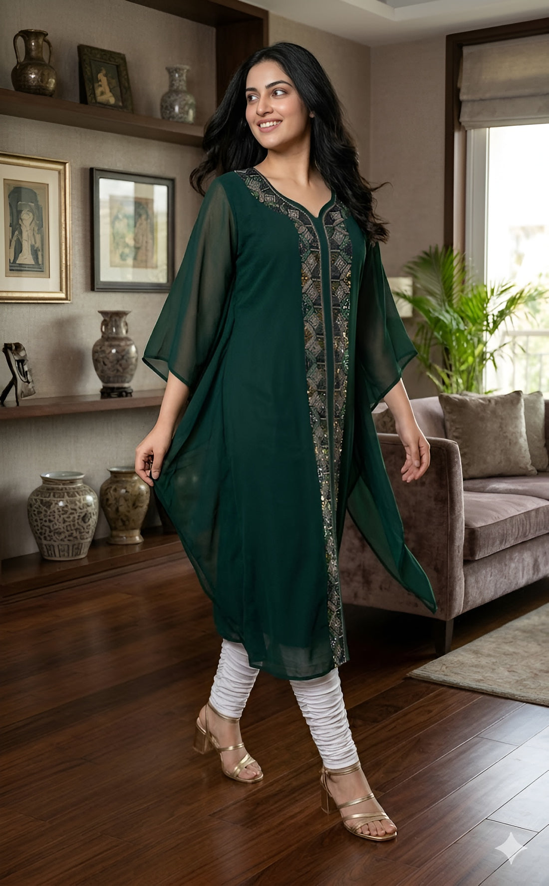 Bottle Green Embroidered Kaftaan