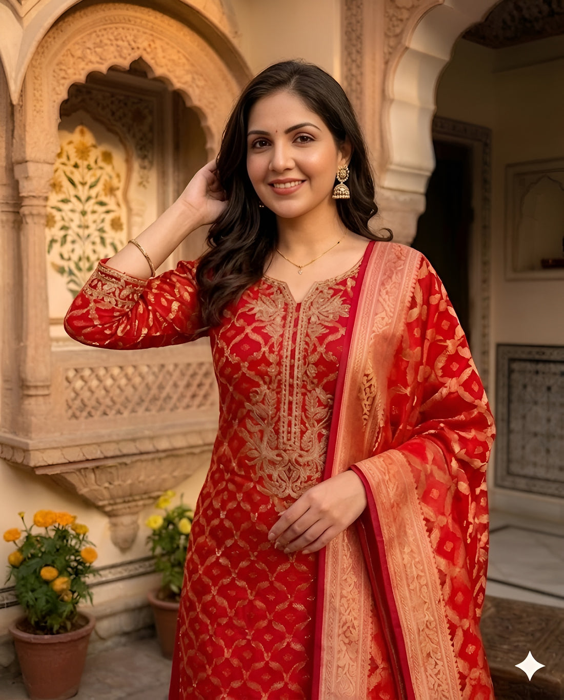 Red Embroidered Silk Suit