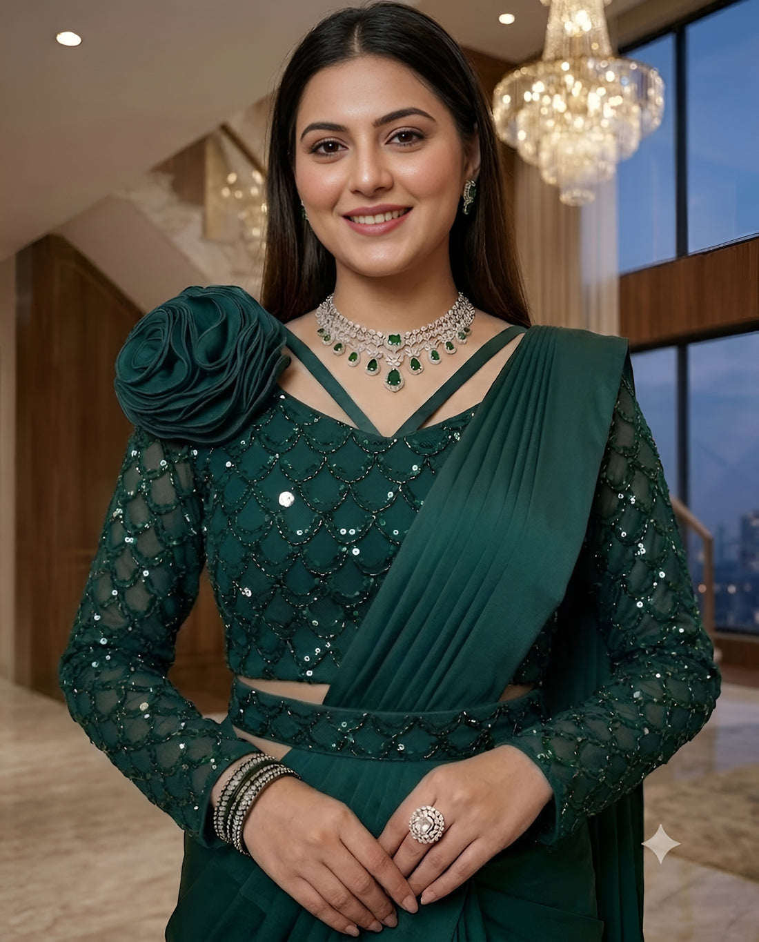 Forest Green Crepe Sequin Saree