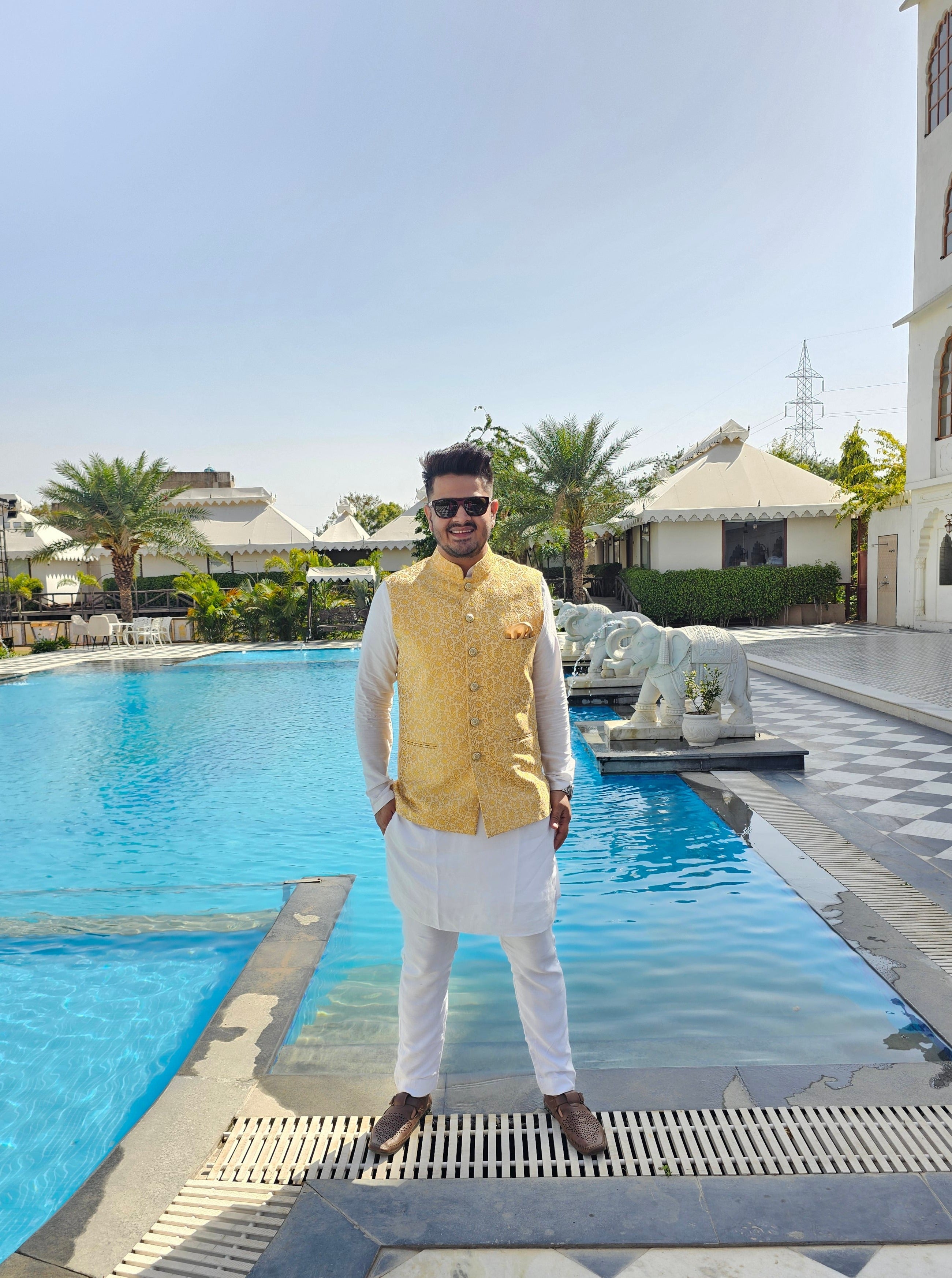 Menswear Golden Yellow Banarsi Waist Coat
