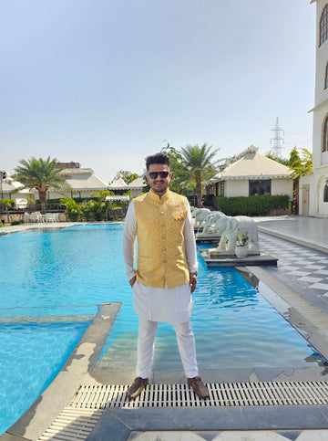 Menswear Golden Yellow Banarsi Waist Coat