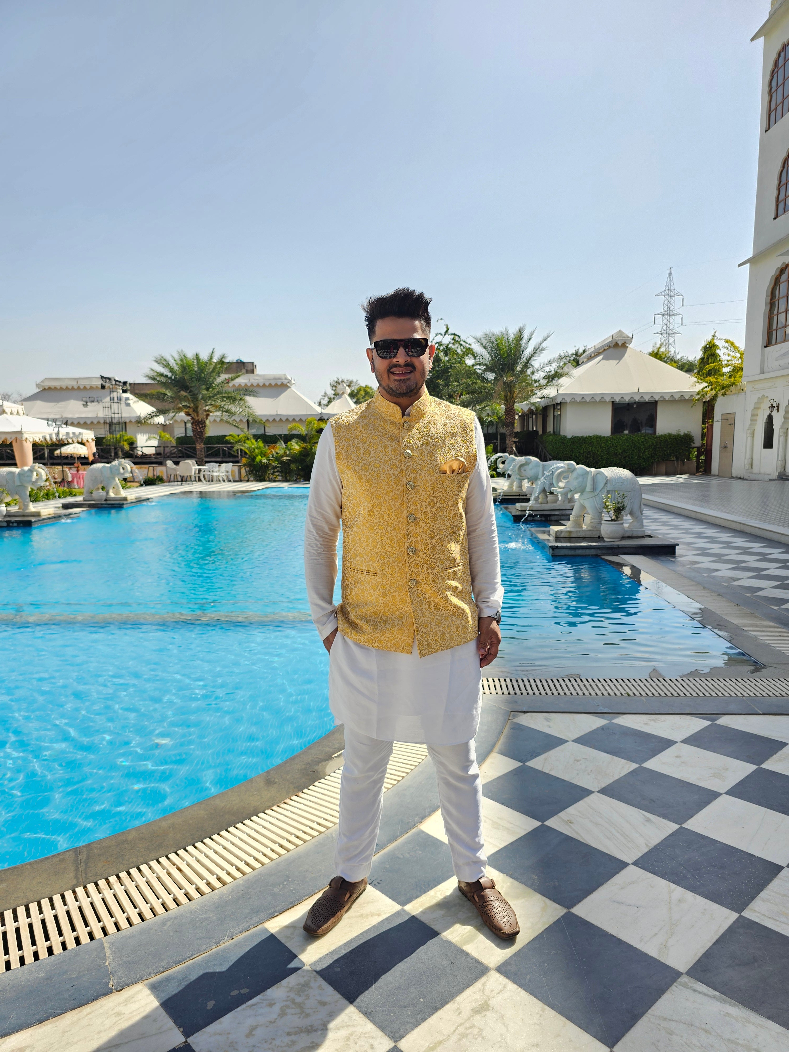 Menswear Golden Yellow Banarsi Waist Coat